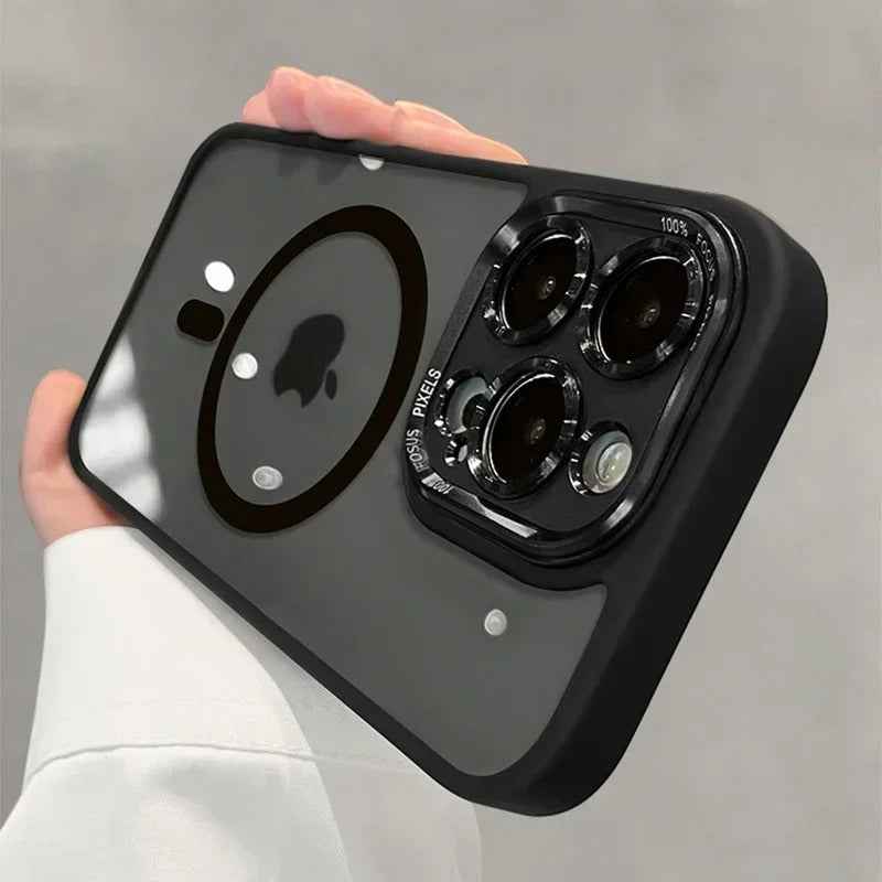 Luxury Magnetic iPhone Case with Metal Lens Bumper Protection for All Models, Hard Clear Cover, Wireless Charging Compatible - Phone Cases Hub