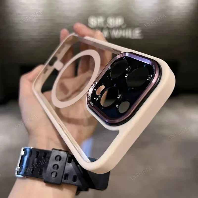 Luxury Magnetic iPhone Case with Metal Lens Bumper Protection for All Models, Hard Clear Cover, Wireless Charging Compatible - Phone Cases Hub