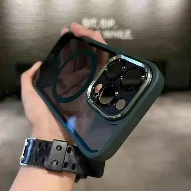 Luxury Magnetic iPhone Case with Metal Lens Bumper Protection for All Models, Hard Clear Cover, Wireless Charging Compatible - Phone Cases Hub