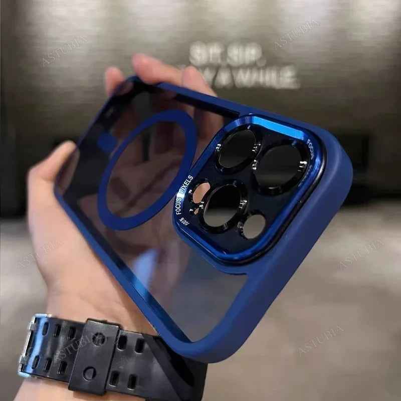 Luxury Magnetic iPhone Case with Metal Lens Bumper Protection for All Models, Hard Clear Cover, Wireless Charging Compatible - Phone Cases Hub