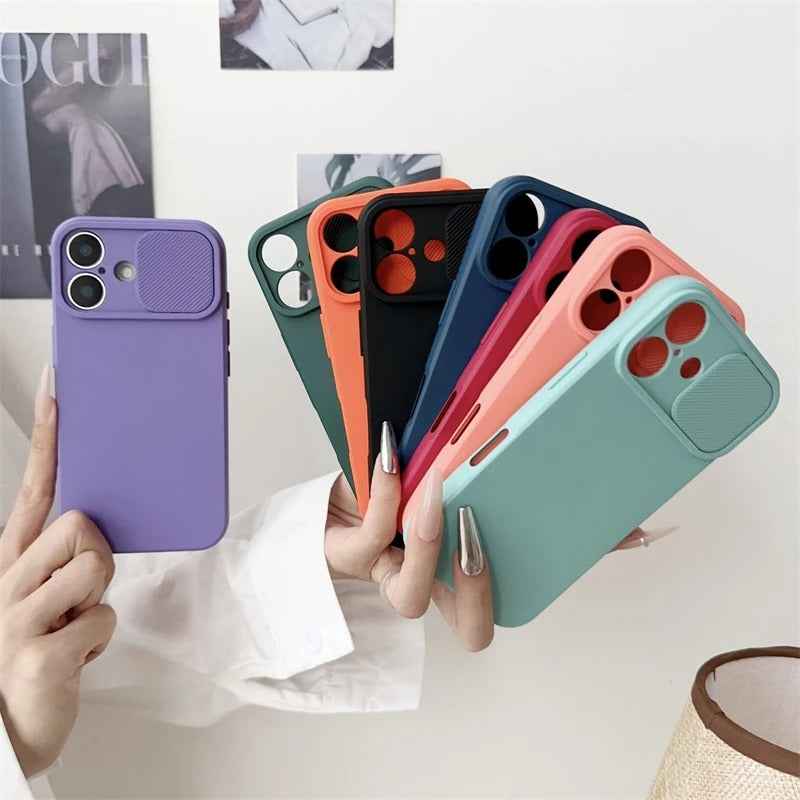 Slide Camera Lens Protection Case Soft Silicone Bumper for iPhone 16 15 14 Plus 13 12 11 Pro X XS XR Max 8 7 SE Shockproof Cover - Phone Cases Hub