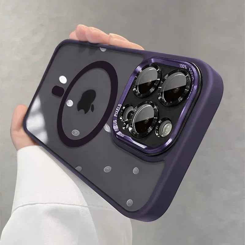 Luxury Magnetic iPhone Case with Metal Lens Bumper Protection for All Models, Hard Clear Cover, Wireless Charging Compatible - Phone Cases Hub