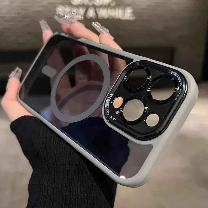Luxury Magnetic iPhone Case with Metal Lens Bumper Protection for All Models, Hard Clear Cover, Wireless Charging Compatible - Phone Cases Hub